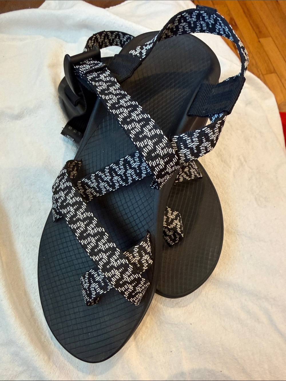 Chaco Black Sandals with White Patterned Webbing